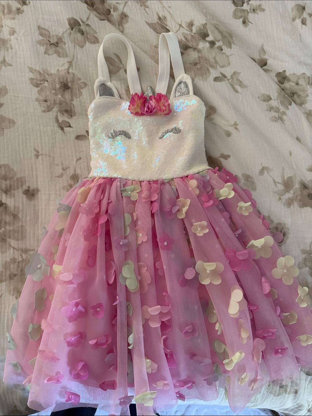 Zunie Pink and White Unicorn Tulle Dress with Floral Appliqués